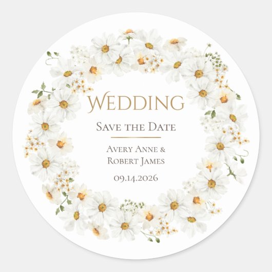 Witte Daisy Krans Waterverf Mooie Save the Date Ronde Sticker (Voorkant)