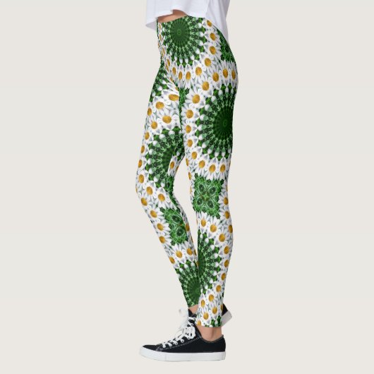 Witte Daisy Mandala met frisse groene symmetrie Leggings (Links)