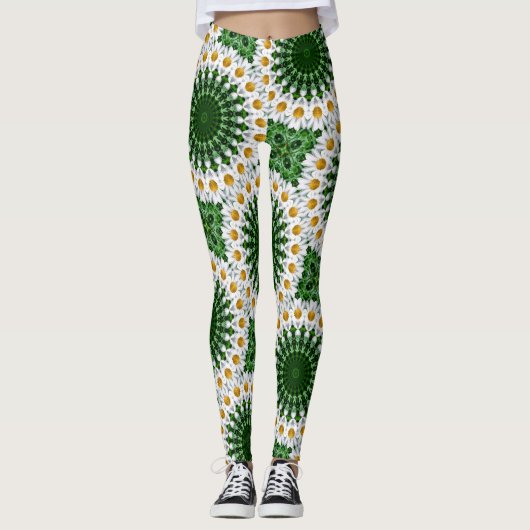 Witte Daisy Mandala met frisse groene symmetrie Leggings (Voorkant)