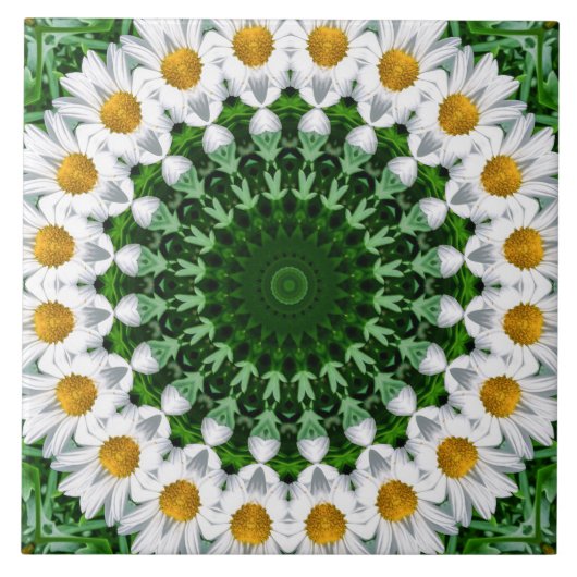 Witte Daisy Mandala met frisse groene symmetrie Tegeltje (Voorkant)