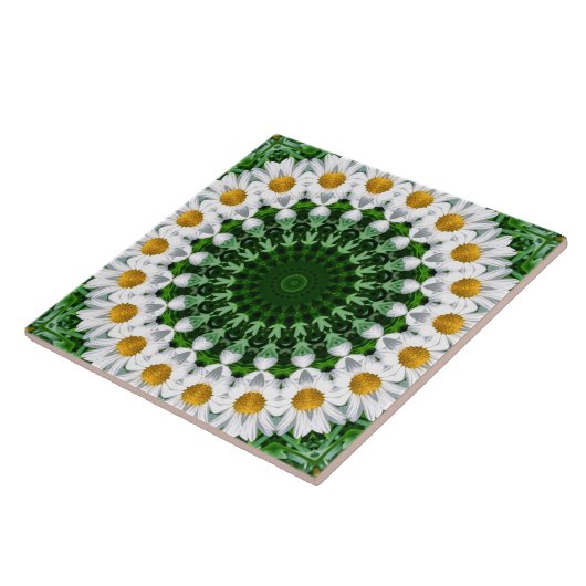 Witte Daisy Mandala met frisse groene symmetrie Tegeltje (Zijkant)