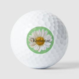 Witte Daisy met Aangepaste Naam op Sage Achtergron Golfballen