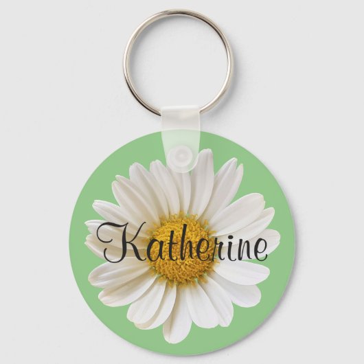 Witte Daisy met Aangepaste Naam Sage Groen Sleutelhanger (Voorkant)