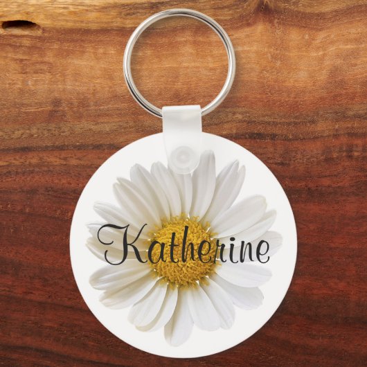 Witte Daisy met Aangepaste Naam Wit Sleutelhanger (Voorkant)