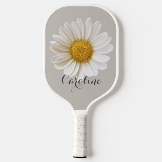 Witte Daisy met Custom Name Grey Pickleball Paddle (Achterkant)
