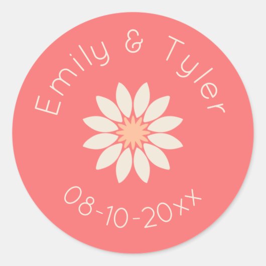 Witte Daisy op koraal gepersonaliseerde bruiloft z Ronde Sticker (Voorkant)