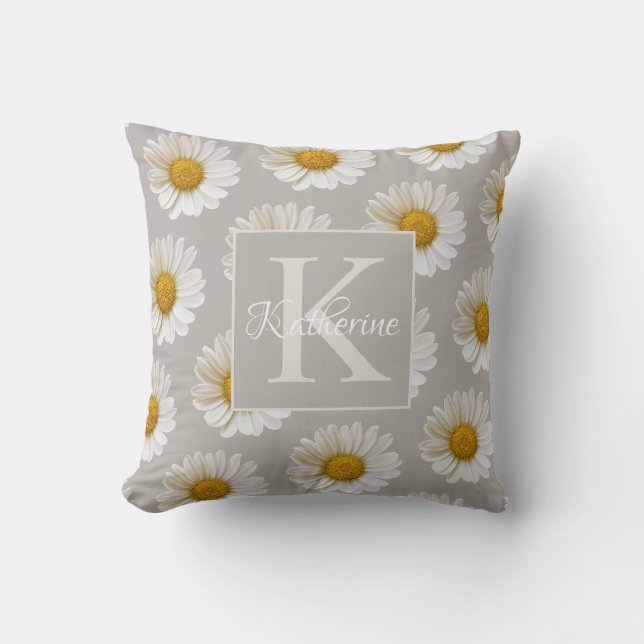 Witte Daisy Patroon Monogram Grijze Bloemen Kussen (Voorkant)