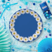 Witte Daisy rand op blauw Papieren Bordje (Feest)