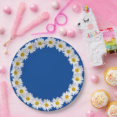 Witte Daisy rand op blauw Papieren Bordje (Feest)