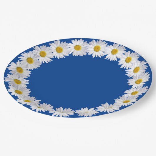 Witte Daisy rand op blauw Papieren Bordje (Gekanteld)