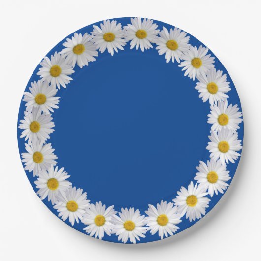Witte Daisy rand op blauw Papieren Bordje (Voorkant)