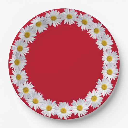 Witte Daisy rand op rood Papieren Bordje (Voorkant)