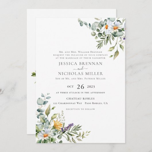 Witte Daisy Traditionele Huwelijksuitnodiging Kaart (Voorkant / Achterkant)