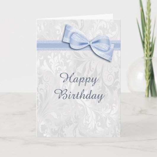 Witte Damask & Blue Faux Bow Vrouw Verjaardag Kaart (Voorkant)