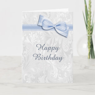 Witte Damask & Blue Faux Bow Vrouw Verjaardag Kaart
