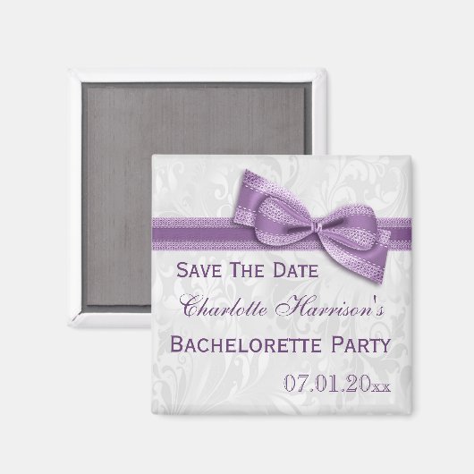 Witte Damask & Faux Bow Bachelorette Save The Date Magneet (Voorkant / Achterkant)