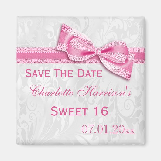 Witte Damask & Faux Bow Sweet 16 Bewaar de datum Magneet (Voorkant)