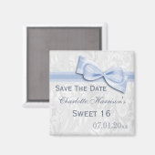Witte Damask & Faux Bow Sweet 16 Bewaar de datum Magneet (Voorkant / Achterkant)