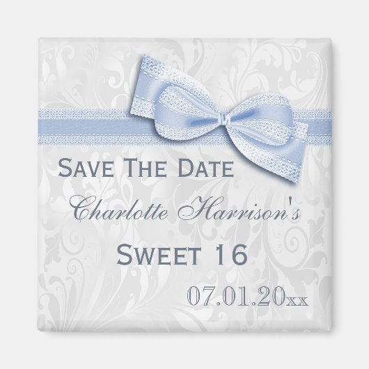 Witte Damask & Faux Bow Sweet 16 Bewaar de datum Magneet (Voorkant)