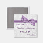 Witte Damask & Faux Bow Sweet 16 Bewaar de datum Magneet (Voorkant / Achterkant)
