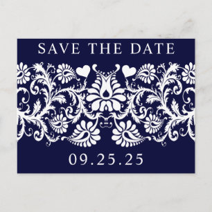 Witte  Damask getoond op Deep Rich Navy Aankondigingskaart