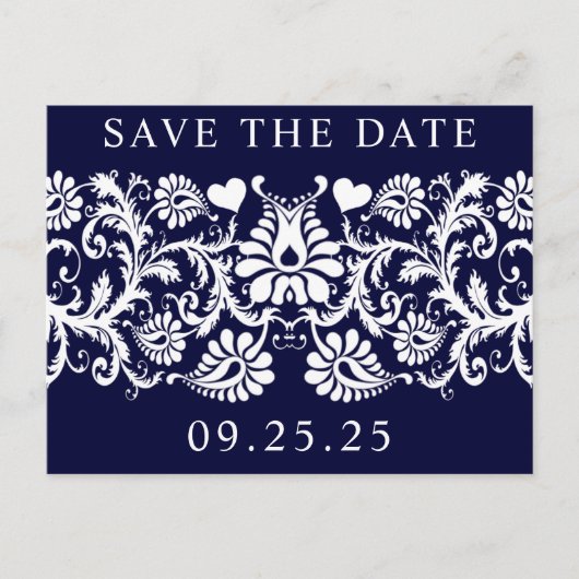 Witte Damask getoond op Deep Rich Navy Aankondigingskaart (Voorkant)
