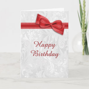 Witte Damask & Red Faux Bow Vrouw Verjaardag Kaart