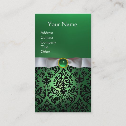 WITTE DAMASK RIBBON MONOGRAM groen Visitekaartje (Voorkant)