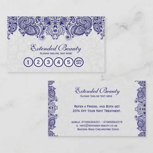 Witte Damasks & Blauw Bloemen Kant Loyaliteit Kaar Klantenkaartje (Voorkant / Achterkant)