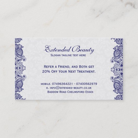 Witte Damasks & Blauw Bloemen Kant Loyaliteit Kaar Klantenkaartje (Achterkant)