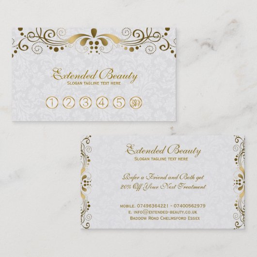 Witte Damasks & Goud Bloemen Kant Loyaliteit Kaart Klantenkaartje (Voorkant / Achterkant)