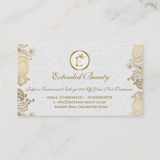 Witte Damasks & Gouden Paisley Kant Loyaliteit Kaa Klantenkaartje (Achterkant)