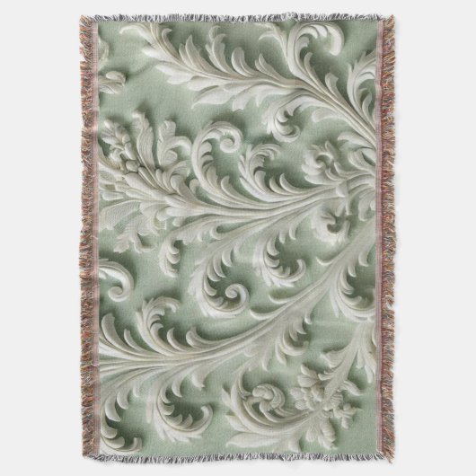 Witte Damast Bloempatroon Zachte Groene Achtergron Deken (Voorkant Verticaal)