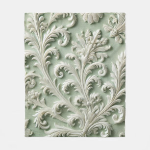 Witte Damast Bloempatroon Zachte Groene Achtergron Fleece Deken