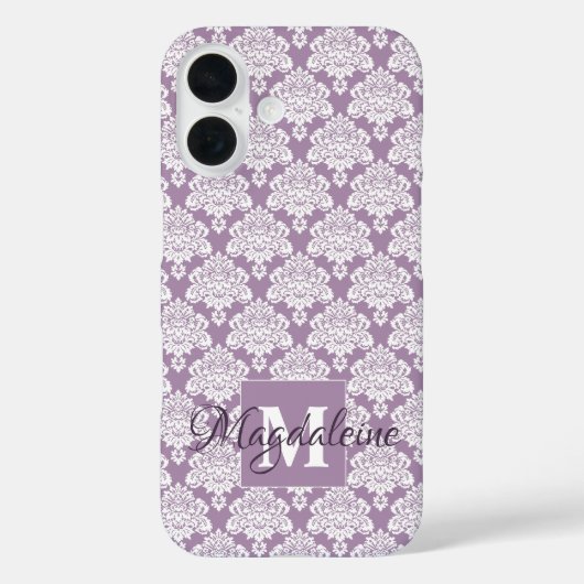 Witte Damast Dusty Paarse Monogram & Naam Case-Mate iPhone Case (Achterkant)