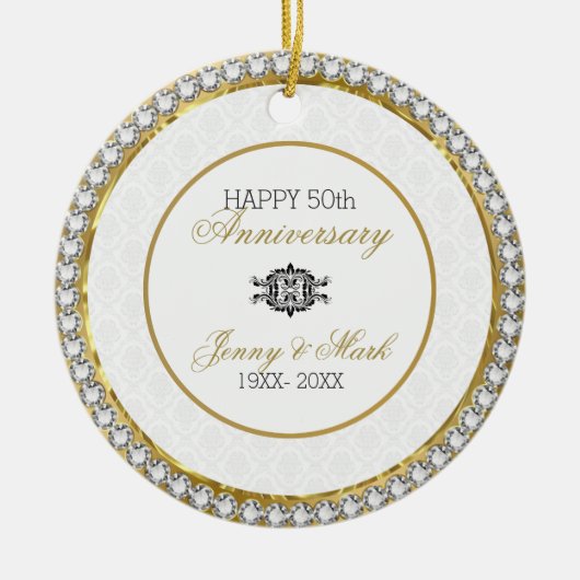 Witte damast en diamanten- 50ste Jubileum Keramisch Ornament (Voorkant)