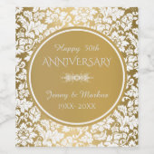 Witte damast en gouden cirkel- 50ste Jubileum Wijn Etiket (Enkel label)