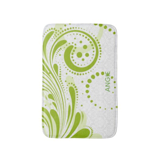 Witte damast en groene wervelingen badmat (Voorkant Verticaal)