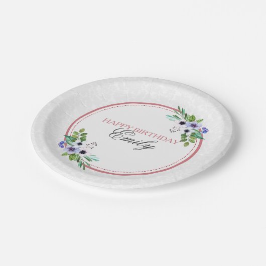 Witte Damast en kleurrijk boeket- Gelukkige Verjaa Papieren Bordje (Gekanteld)