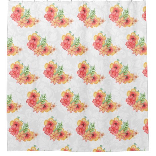 Witte damast en kleurrijke bloemen douchegordijn (Voorkant)