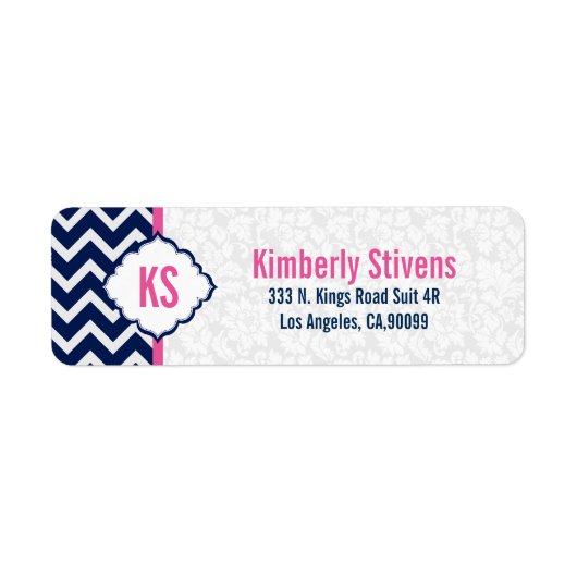 Witte damast en marineblauwe chevron etiket (Voorkant)