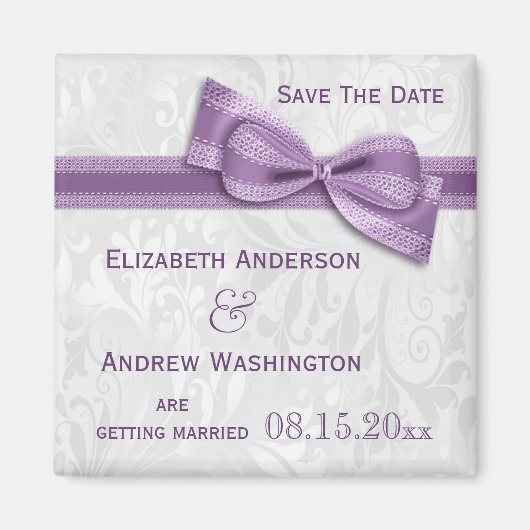 Witte Damast en Nabootsing Boog Save The Date Magneet (Voorkant)