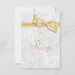 Witte Damast en Nep Boog RSVP Kaartje