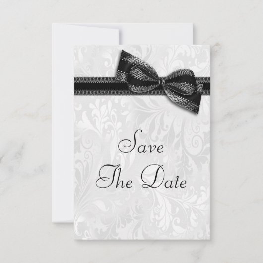 Witte Damast en Neppe Strik Save The Date Kaart (Voorkant)