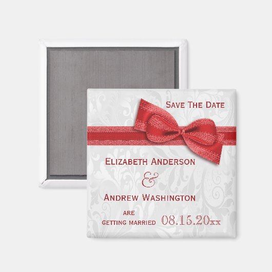 Witte Damast en Rode Faux Bow Save The Date Magneet (Voorkant / Achterkant)