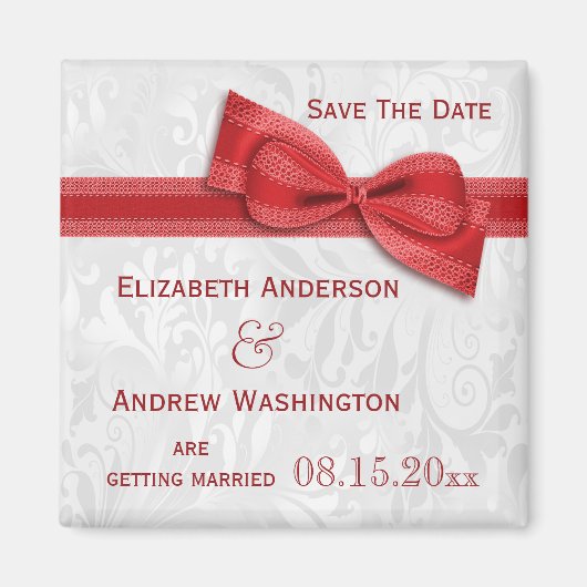 Witte Damast en Rode Faux Bow Save The Date Magneet (Voorkant)