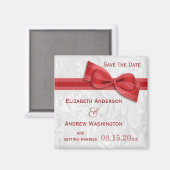 Witte Damast en Rode Nep Bow Save The Date Magneet (Voorkant / Achterkant)