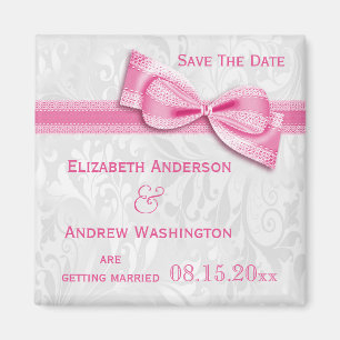 Witte Damast en Roze Neppe Boog Save The Date Magneet