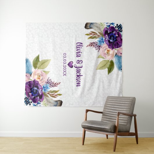 Witte damast en Waterverf bloemen Wandkleed (In Situ (horizontaal))