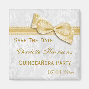 Witte Damast & Gouden Boog Quinceañera Bewaar de D Magneet